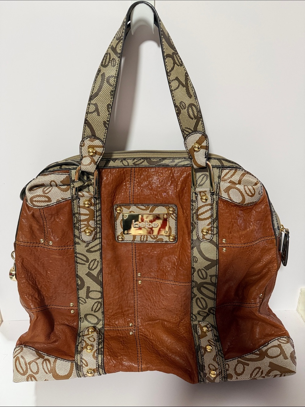 Large Bebe Brown Leather Tote with Monogram Trim